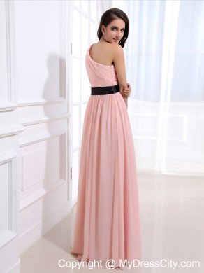 Beaded One Shoulder Baby Pink Prom Dresses with Black Flower Belt