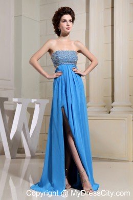 Plus Size Beaded High Slit Sexy Blue Informal Prom Dresses