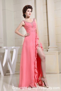 High Slit Beaded Watermelon Chiffon Prom Evening Dresses