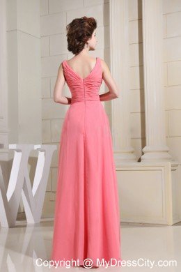 High Slit Beaded Watermelon Chiffon Prom Evening Dresses