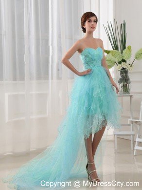 Beaded Mint Colored High-low Prom Party Dresses with Ruffles