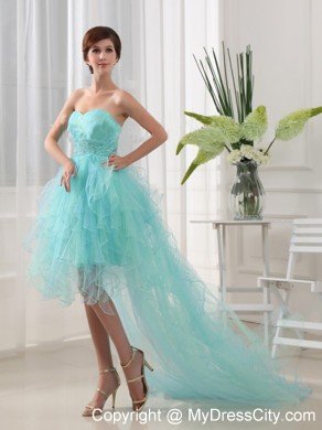 Beaded Mint Colored High-low Prom Party Dresses with Ruffles