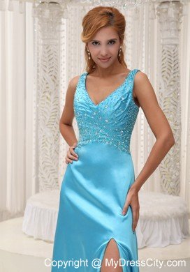 Beaded High Slit V-neck Aqua Blue Formal Prom Dresses 2013