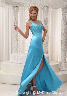 Beaded High Slit V-neck Aqua Blue Formal Prom Dresses 2013