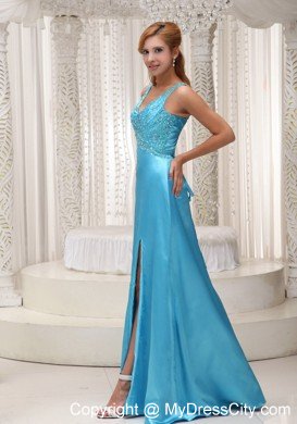 Beaded High Slit V-neck Aqua Blue Formal Prom Dresses 2013