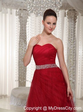 Elegant Tulle Sweetheart Beaded Wine Red Prom Gown Dress