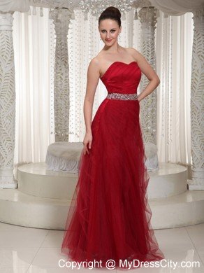 Elegant Tulle Sweetheart Beaded Wine Red Prom Gown Dress