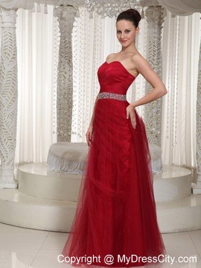 Elegant Tulle Sweetheart Beaded Wine Red Prom Gown Dress