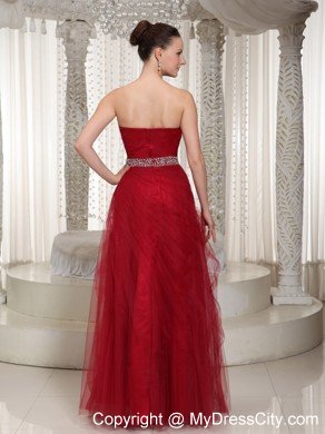 Elegant Tulle Sweetheart Beaded Wine Red Prom Gown Dress