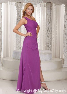 High Slit Ruching One Shoulder Fuchsia Sexy Prom Evening Dresses