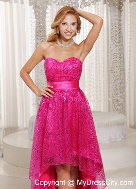 Sweetheart Hot Pink Paillette High-low Prom Party Dresses