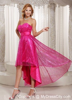 Sweetheart Hot Pink Paillette High-low Prom Party Dresses