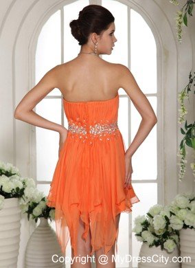 Ruched Asymmetrical Orange Prom Homecoming Dress with Rhinestones