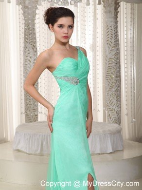 High Slit Beading One Shoulder Apple Green Prom Evening Dresses