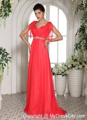 Sweetheart Coral Red Empire Formal Prom Dresses with Rhinestones