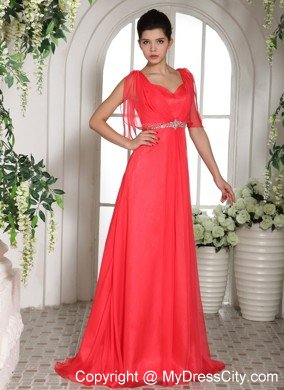 Sweetheart Coral Red Empire Formal Prom Dresses with Rhinestones