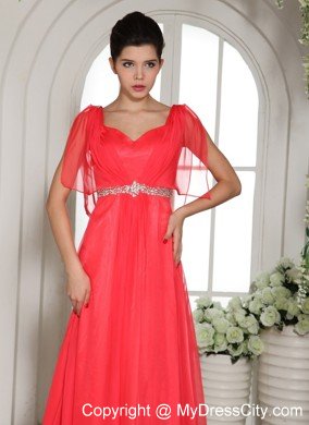 Sweetheart Coral Red Empire Formal Prom Dresses with Rhinestones