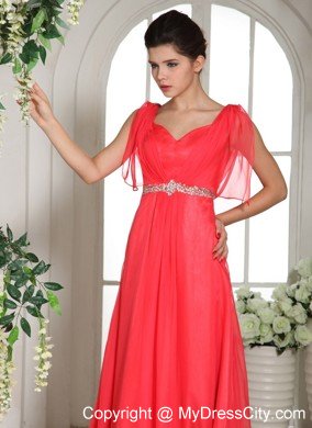 Sweetheart Coral Red Empire Formal Prom Dresses with Rhinestones