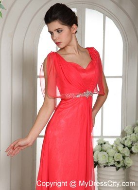 Sweetheart Coral Red Empire Formal Prom Dresses with Rhinestones