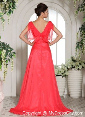 Sweetheart Coral Red Empire Formal Prom Dresses with Rhinestones