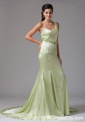 One Shoulder Mermaid Flowers Belt Watteau Train Prom Dress