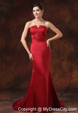 Simple Mermaid Ruching Court Train Wine Red Formal Prom Dresses