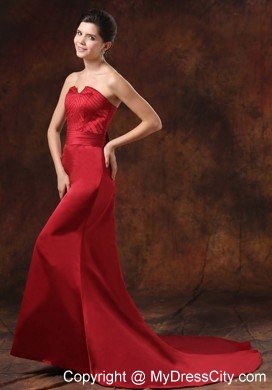 Simple Mermaid Ruching Court Train Wine Red Formal Prom Dresses