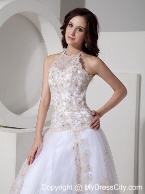 White Appliques and Beading Prom Dresses with Sheer Neckline