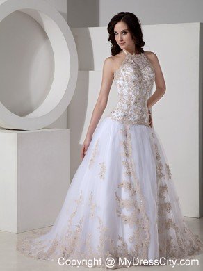 White Appliques and Beading Prom Dresses with Sheer Neckline