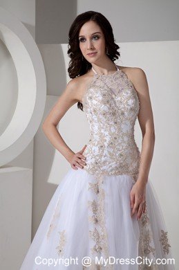 White Appliques and Beading Prom Dresses with Sheer Neckline