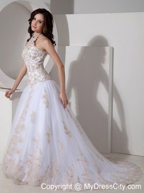 White Appliques and Beading Prom Dresses with Sheer Neckline