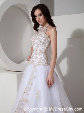 White Appliques and Beading Prom Dresses with Sheer Neckline