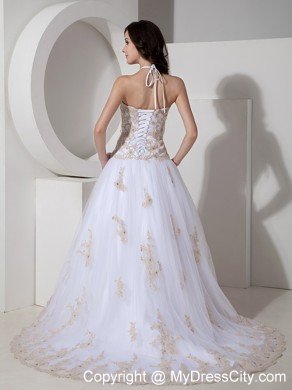 White Appliques and Beading Prom Dresses with Sheer Neckline