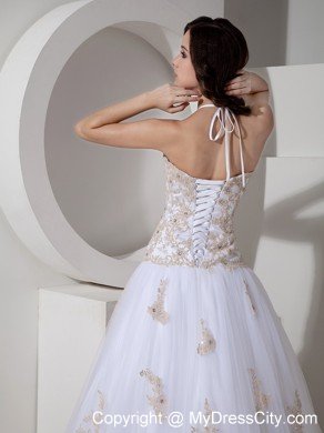 White Appliques and Beading Prom Dresses with Sheer Neckline