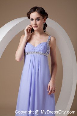 Straps Beaded Ruching Empire Lilac Chiffon Prom Evening Dresses