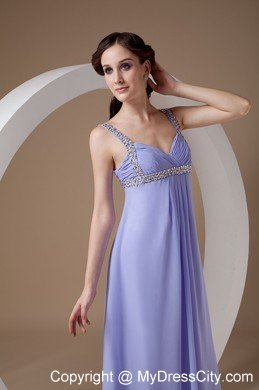 Straps Beaded Ruching Empire Lilac Chiffon Prom Evening Dresses