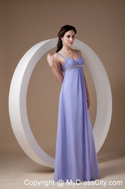 Straps Beaded Ruching Empire Lilac Chiffon Prom Evening Dresses