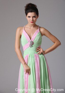 Spaghetti Straps Ruching Chiffon Apple Green and Baby Pink Prom Dress