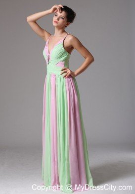 Spaghetti Straps Ruching Chiffon Apple Green and Baby Pink Prom Dress