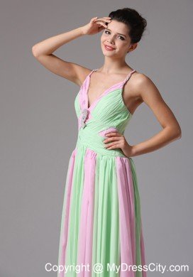 Spaghetti Straps Ruching Chiffon Apple Green and Baby Pink Prom Dress