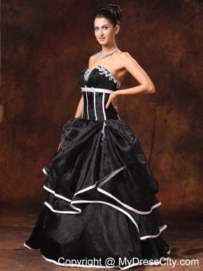 Appliques Strapless Pick Ups Black Prom Gown Dress with White Hem