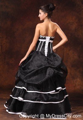 Appliques Strapless Pick Ups Black Prom Gown Dress with White Hem