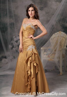 Pretty Sweetheart Appliques Ruching Gold Formal Prom Dresses