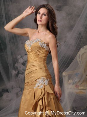 Pretty Sweetheart Appliques Ruching Gold Formal Prom Dresses