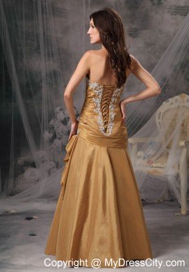 Pretty Sweetheart Appliques Ruching Gold Formal Prom Dresses