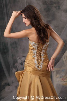 Pretty Sweetheart Appliques Ruching Gold Formal Prom Dresses