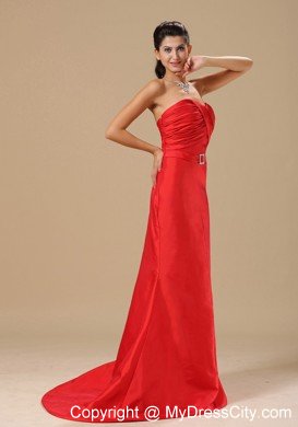 Simple Sweetheart Ruching Brush Train Red Formal Prom Dresses