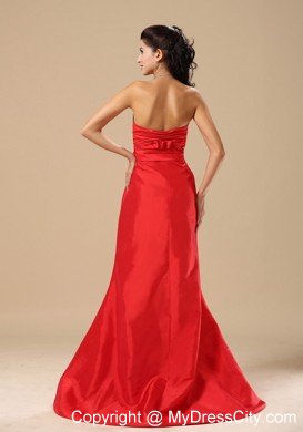 Simple Sweetheart Ruching Brush Train Red Formal Prom Dresses