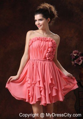 Flowers Ruching Strapless Chiffon Watermelon Short Prom Party Dress