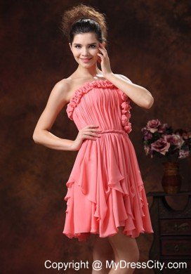 Flowers Ruching Strapless Chiffon Watermelon Short Prom Party Dress